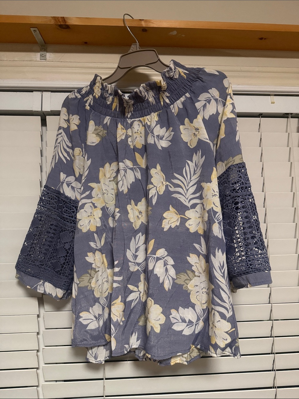 Laundry by Design Navy Floral Off-Shoulder Tunic with Lace Sleeves